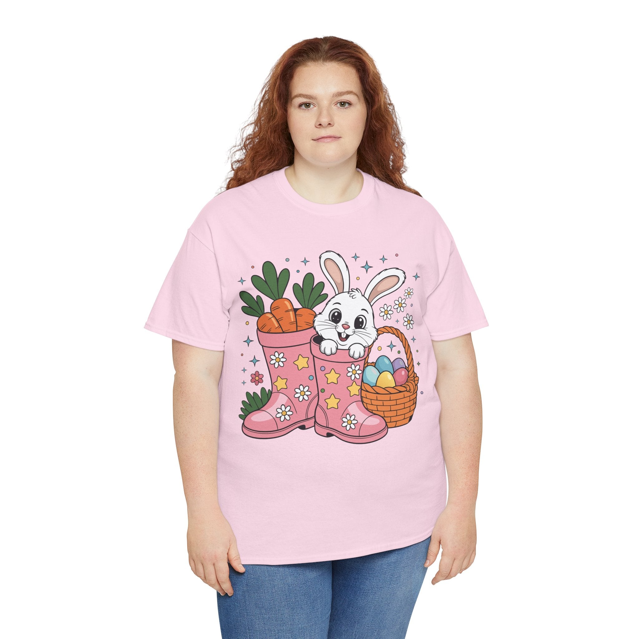Easter Bunny in Pink Rain Boots T-Shirt — Cartoon Bunny, Carrots & Colorful Eggs Unisex Cotton Tee