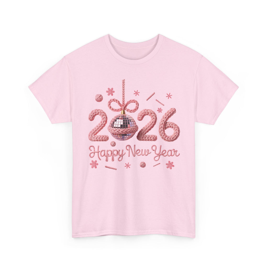 2026 Happy New Year Pink Knitted Disco Ball Unisex Cotton Tee