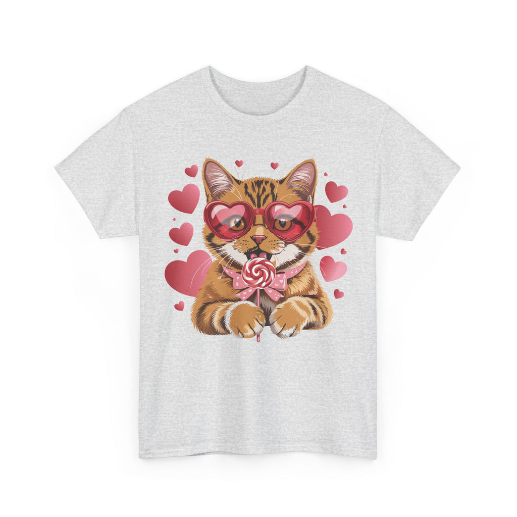 Valentine Cat Tee — Heart Glasses, Lollipop Bow Unisex Cotton Tee
