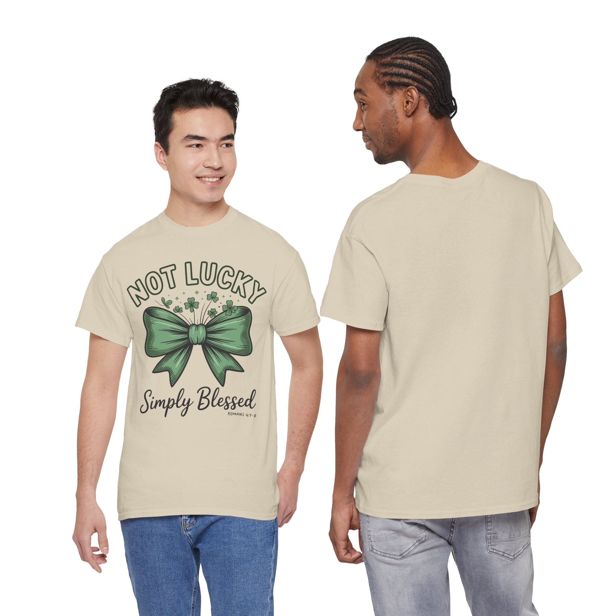 Not Lucky, Simply Blessed T-Shirt — Green Bow & Clovers St. Patrick’s Unisex Cotton Tee