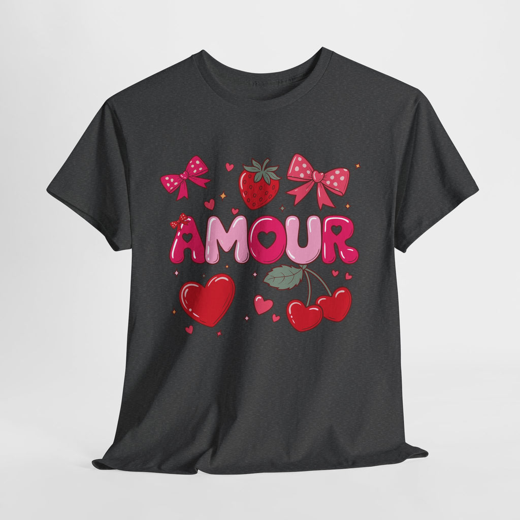 Amour Pink Hearts Tee — Shiny Lettering with Bows, Cherries & Strawberry Accent...Unisex Cotton Tee