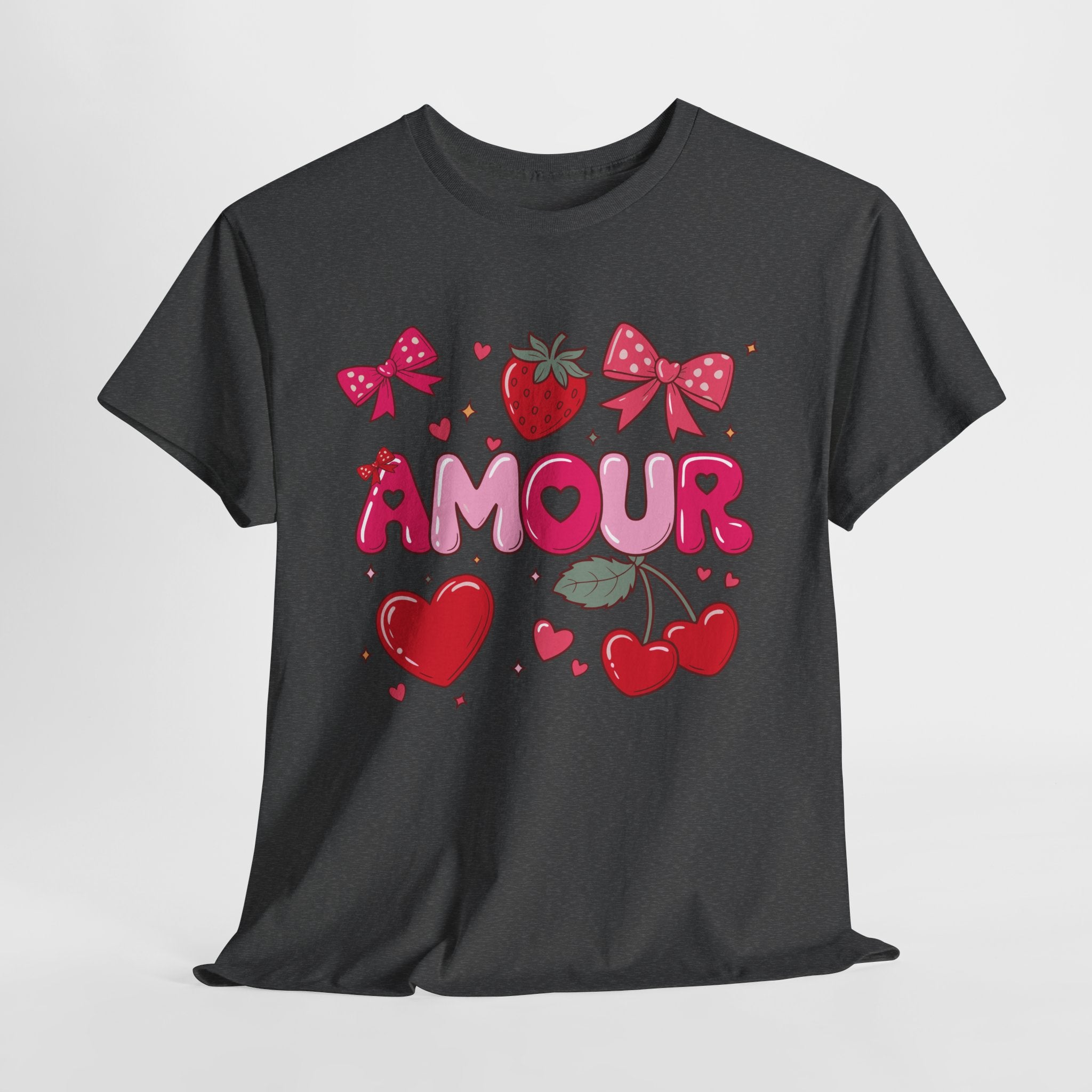 Amour Pink Hearts Tee — Shiny Lettering with Bows, Cherries & Strawberry Accent...Unisex Cotton Tee