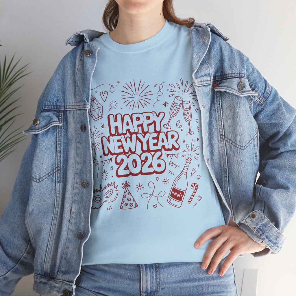 Happy New Year 2026 Doodle T-Shirt — Pink Party Icons & Champagne Unisex Cotton Tee