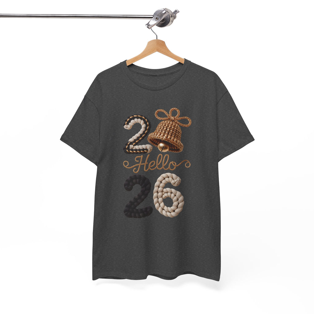 Hello 2026 Tee — Cozy Faux Yarn Braided Numbers with Woven Golden Bell..Unisex Cotton Tee