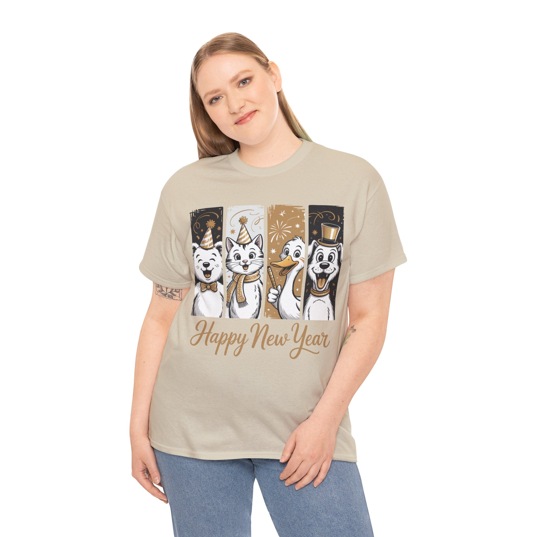 Happy New Year Party Animals T-Shirt — Cute Smiling Animals in Party Hats & Gold Fireworks..Unisex Cotton Tee