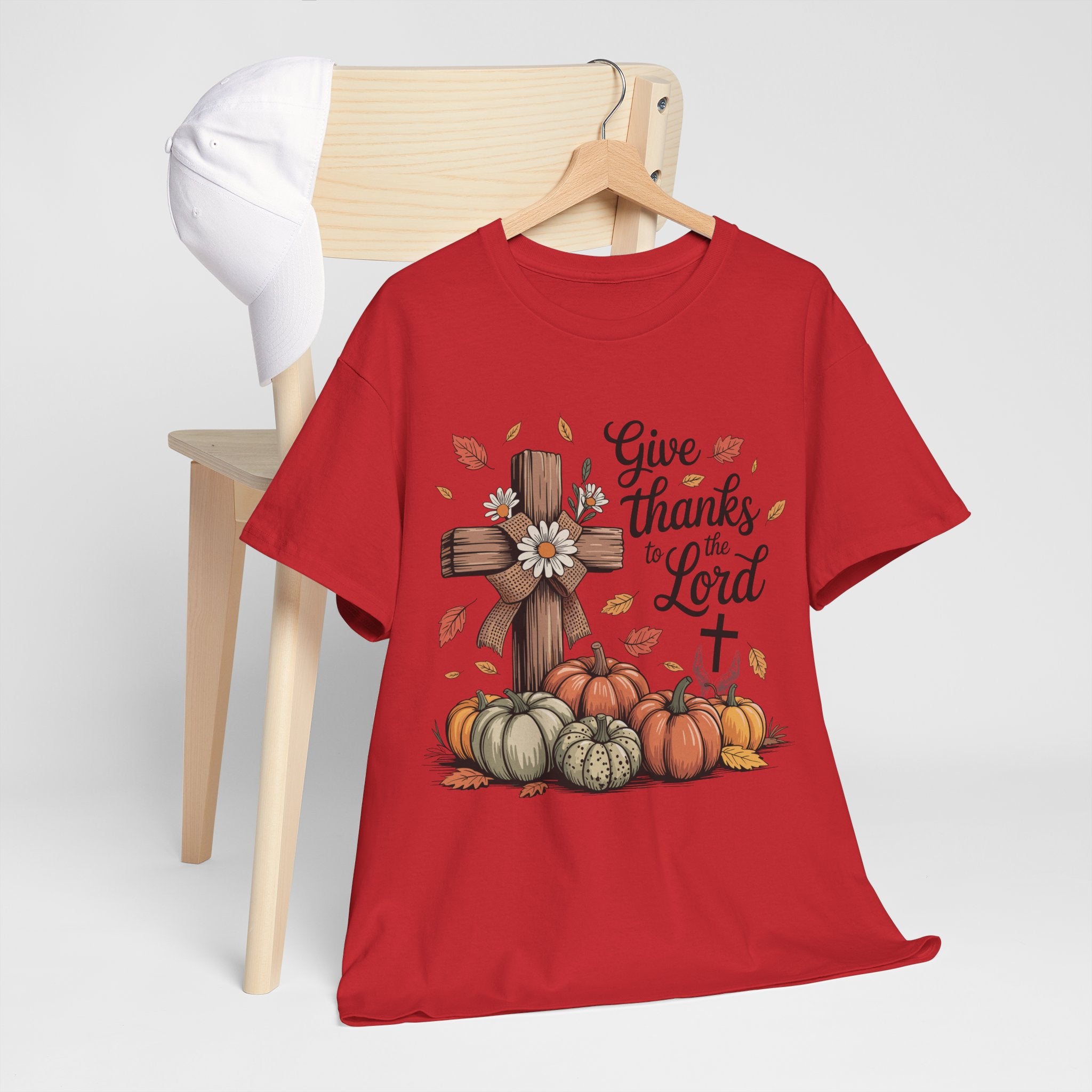 Give Thanks to the Lord Autumn Tee — Wooden Cross, Pumpkins & Daisies..Unisex Cotton Tee