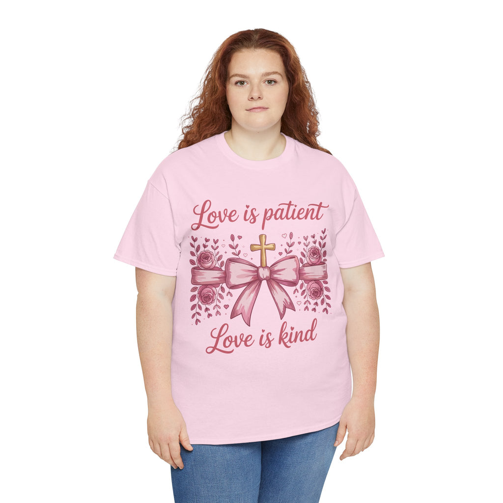 Christian Floral Tee — "Love is Patient, Love is Kind" Pink Rose Cross. Unisex Cotton Tee