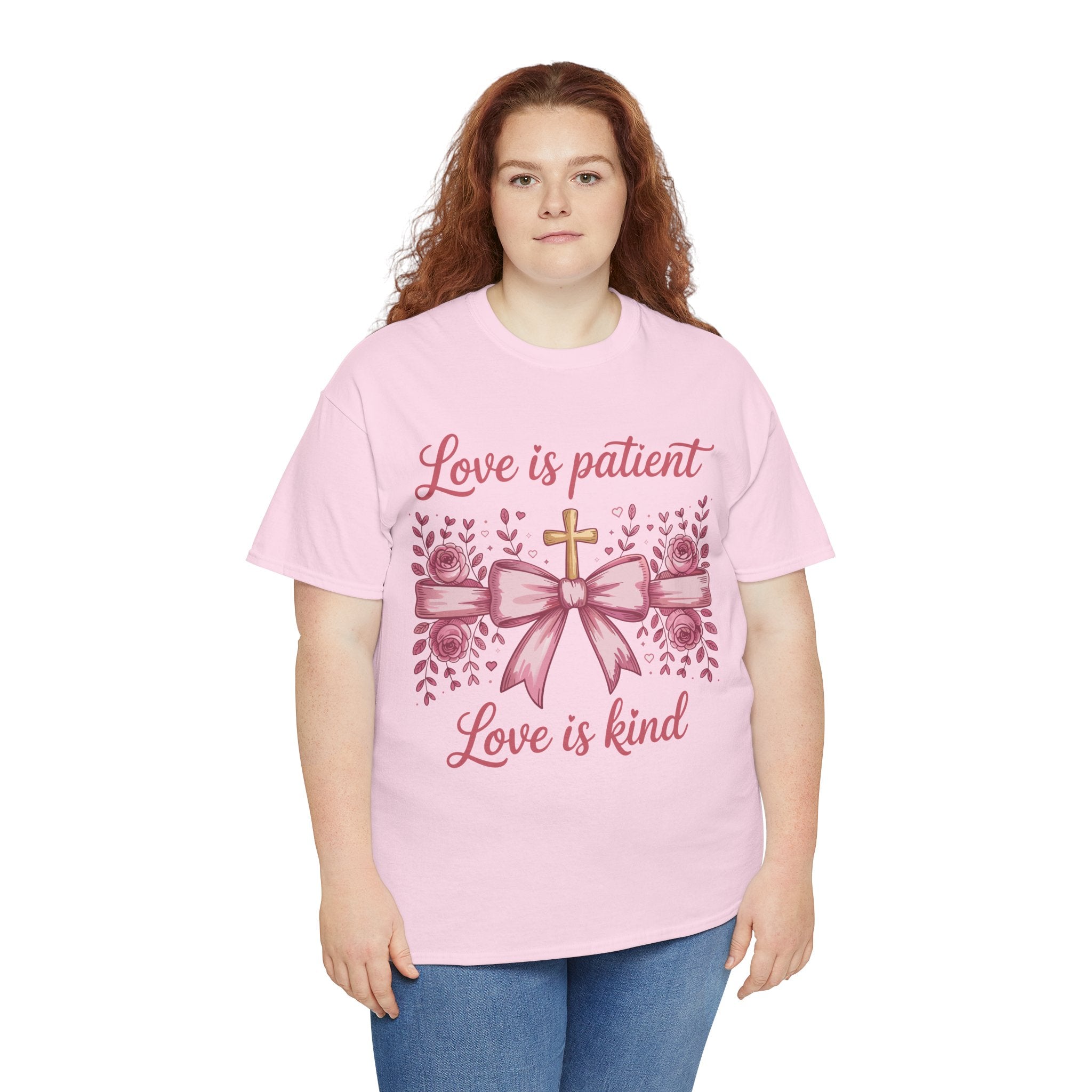 Christian Floral Tee — "Love is Patient, Love is Kind" Pink Rose Cross. Unisex Cotton Tee
