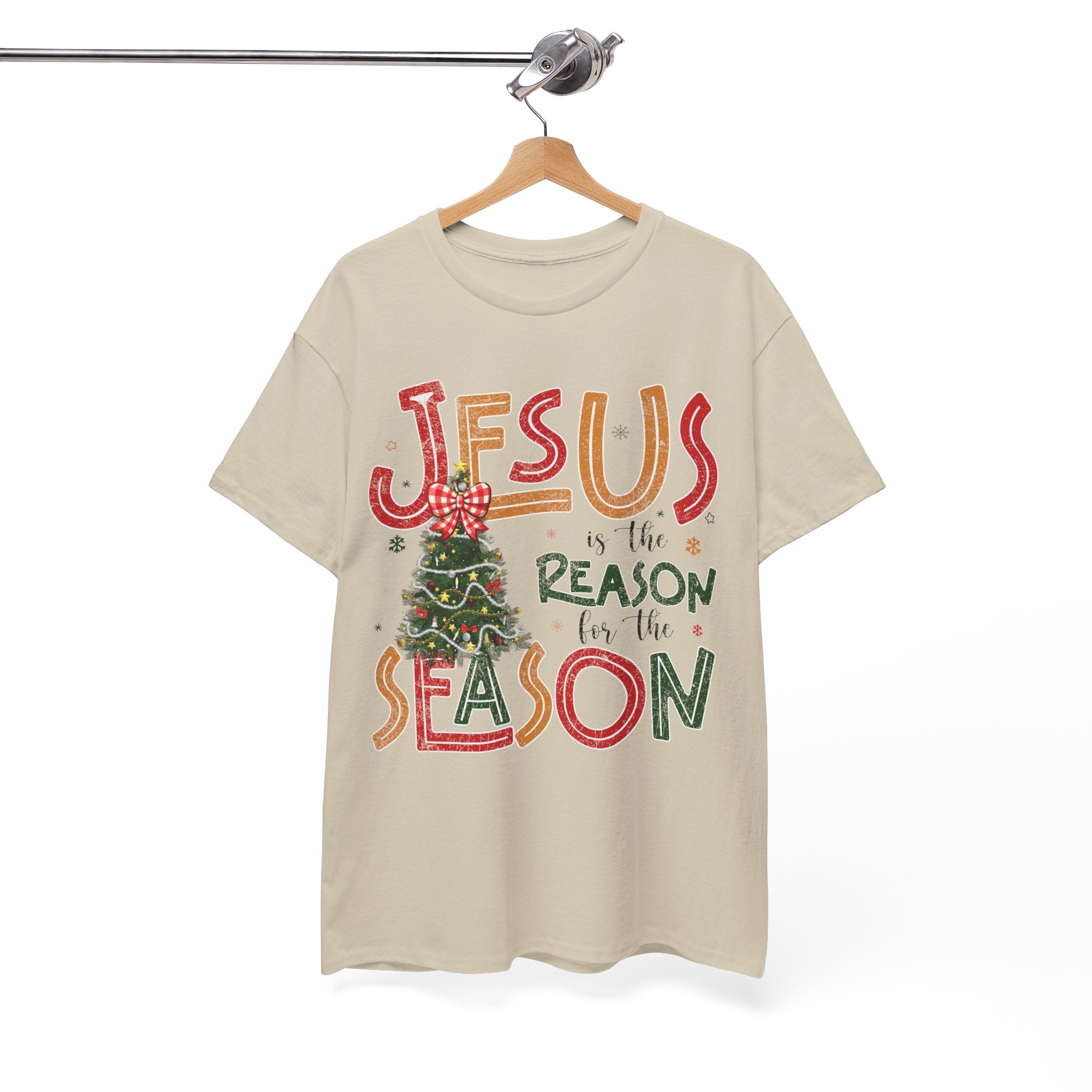 Jesus Is the Reason for the Season Christmas T-Shirt — Plaid Bow Tree..Unisex Cotton Tee