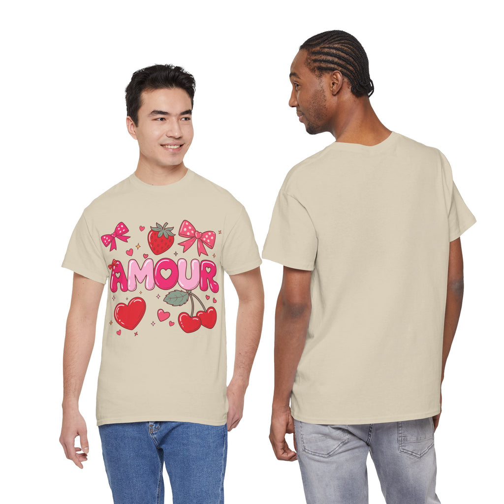 Amour Pink Hearts Tee — Shiny Lettering with Bows, Cherries & Strawberry Accent...Unisex Cotton Tee