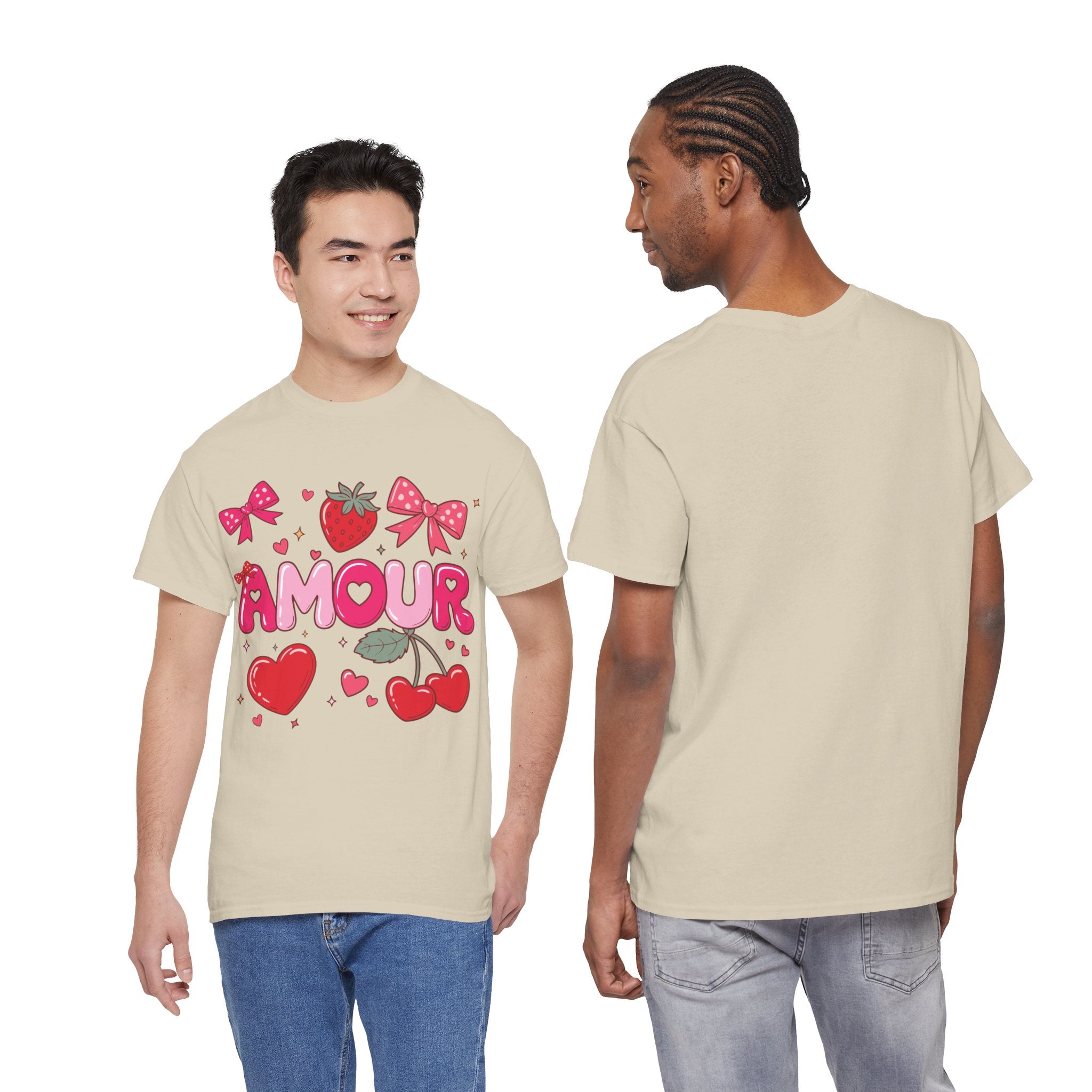 Amour Pink Hearts Tee — Shiny Lettering with Bows, Cherries & Strawberry Accent...Unisex Cotton Tee