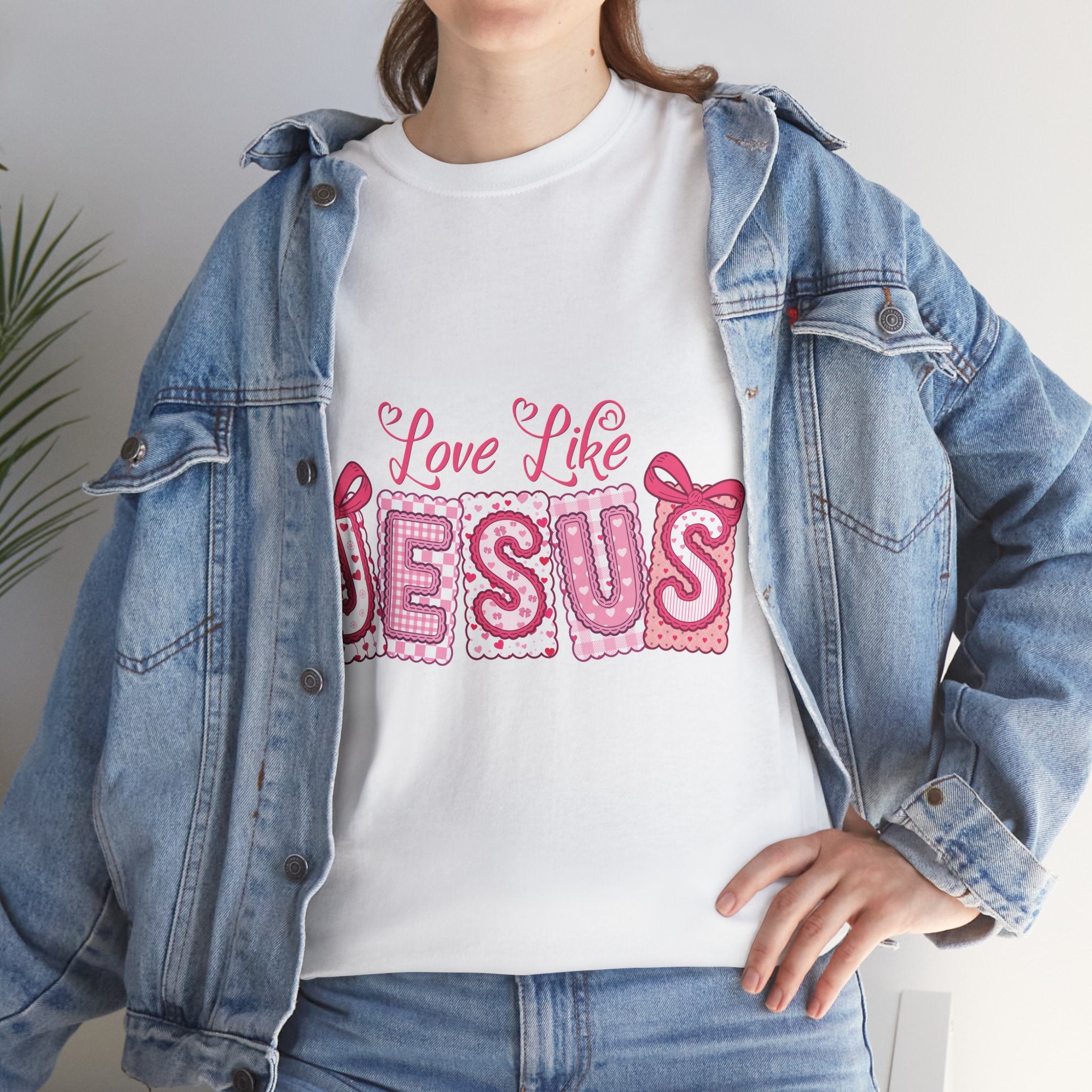 Love Like Jesus Patchwork Tee — Pink Stitched Heart Graphic.Unisex Cotton Tee