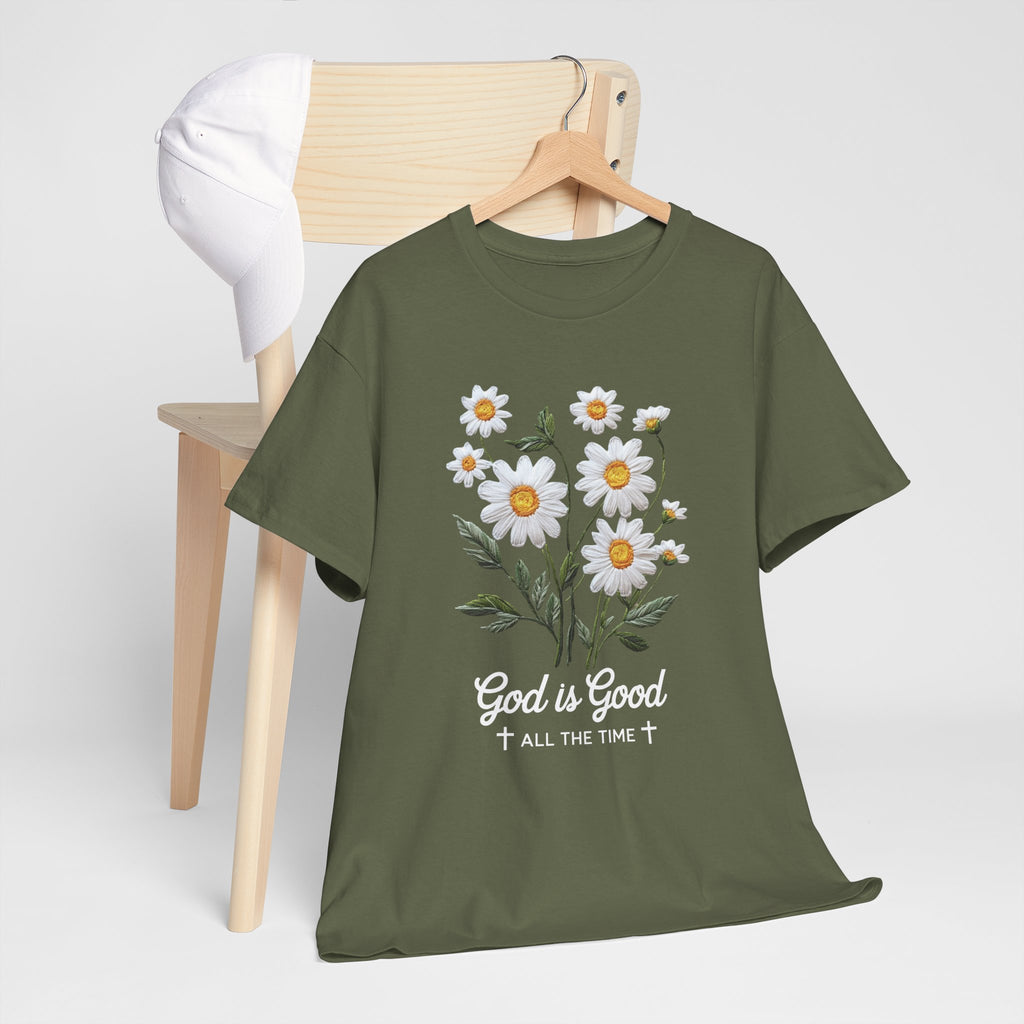 God Is Good All The Time Embroidered Daisy Unisex Cotton Tee