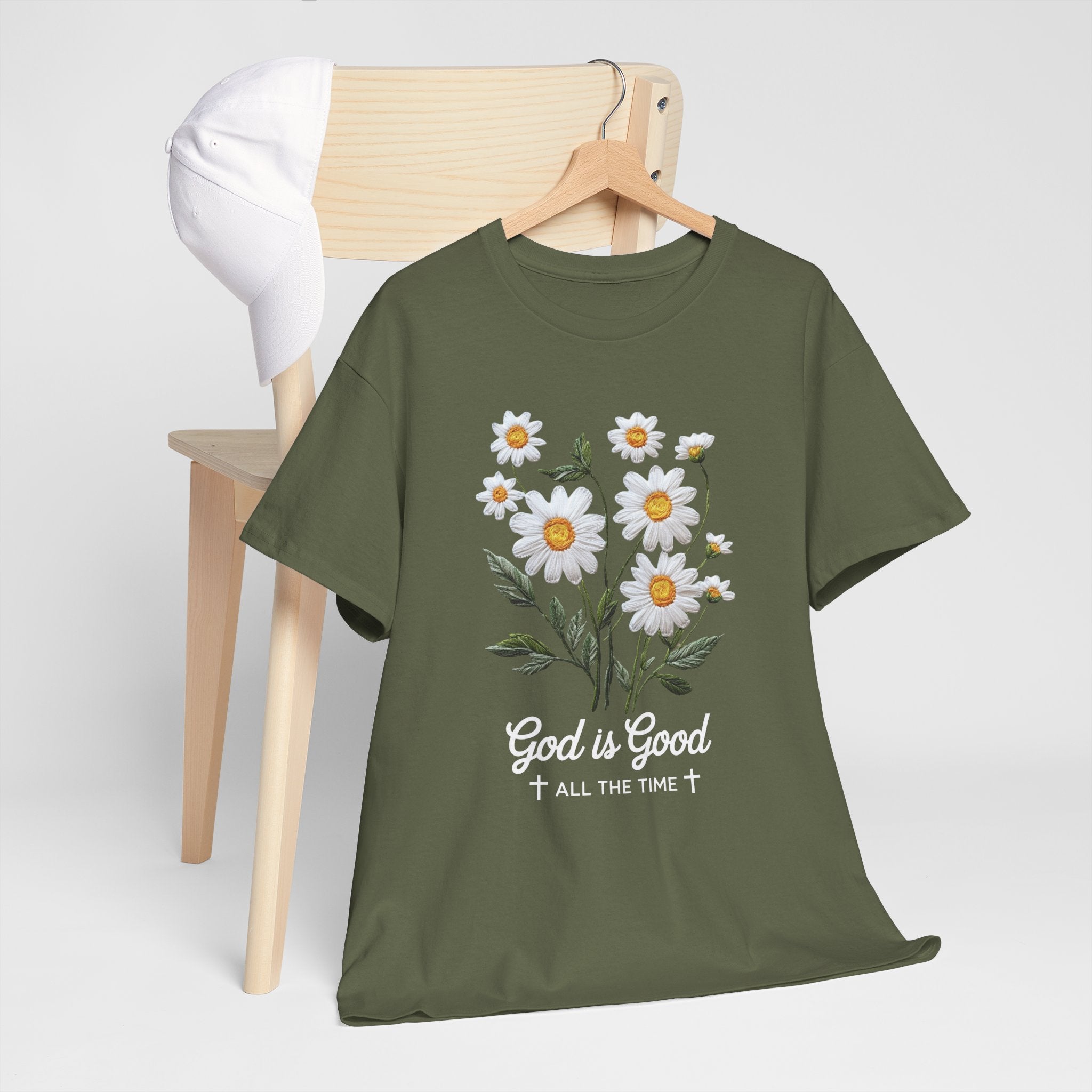 God Is Good All The Time Embroidered Daisy Unisex Cotton Tee