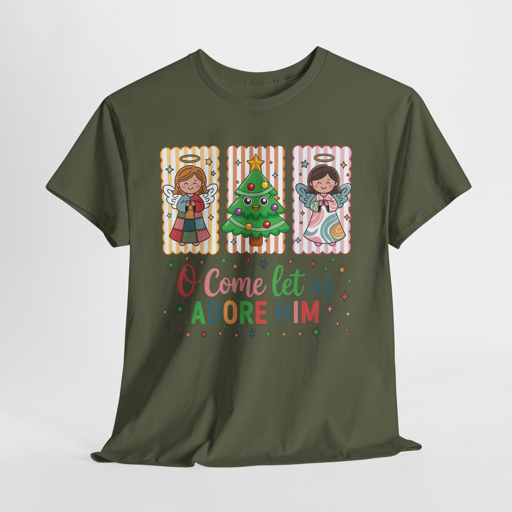 O Come Let Us Adore Him Christmas Tee — Smiling Angels & Happy Tree..Unisex Cotton Tee