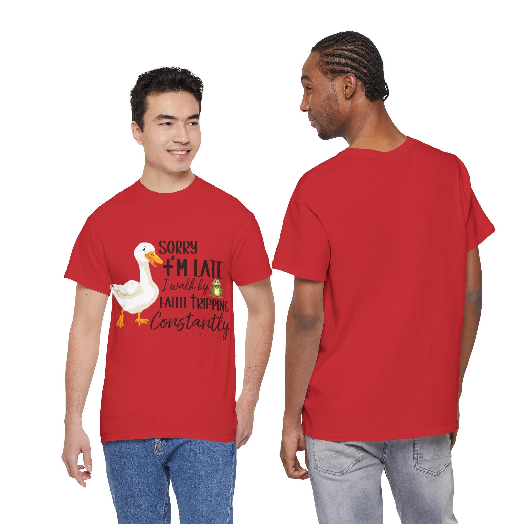 Christian Humor T-Shirt — “Sorry I’m Late, I Walk by Faith Tripping Constantly” (Duck & Frog). Unisex Cotton Tee