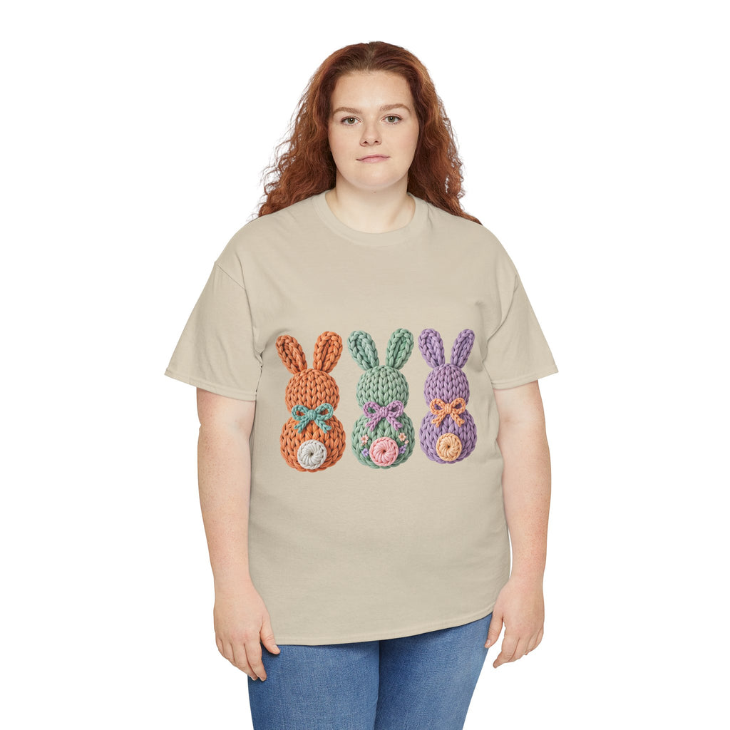 Pastel Crochet Bunny Tee — Trio of Faux Knit Bunnies with Bows & Flowers Unisex Cotton Tee