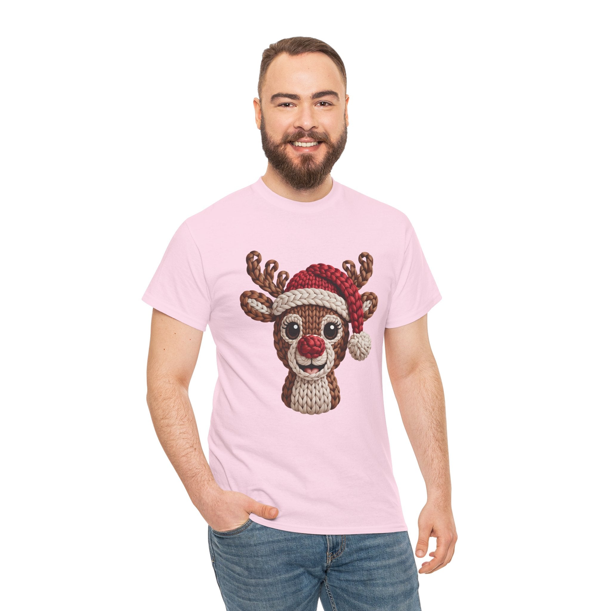 Reindeer in Santa Hat Cotton Tee — Joyful Faux-Yarn Holiday Unisex Coton T-Shirt