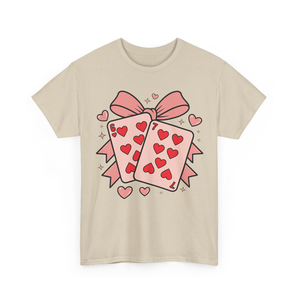 6 & 7 of Hearts T-Shirt — Paired Playing Cards with Pink Bow Unisex Cotton Tee