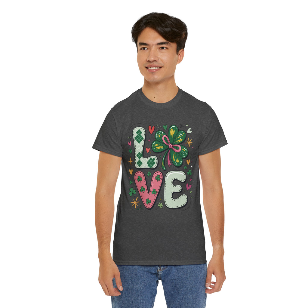 Stitched Clover 'LOVE' Tee — Heart & Patchwork St. Patrick's Unisex Cotton T-Shirt