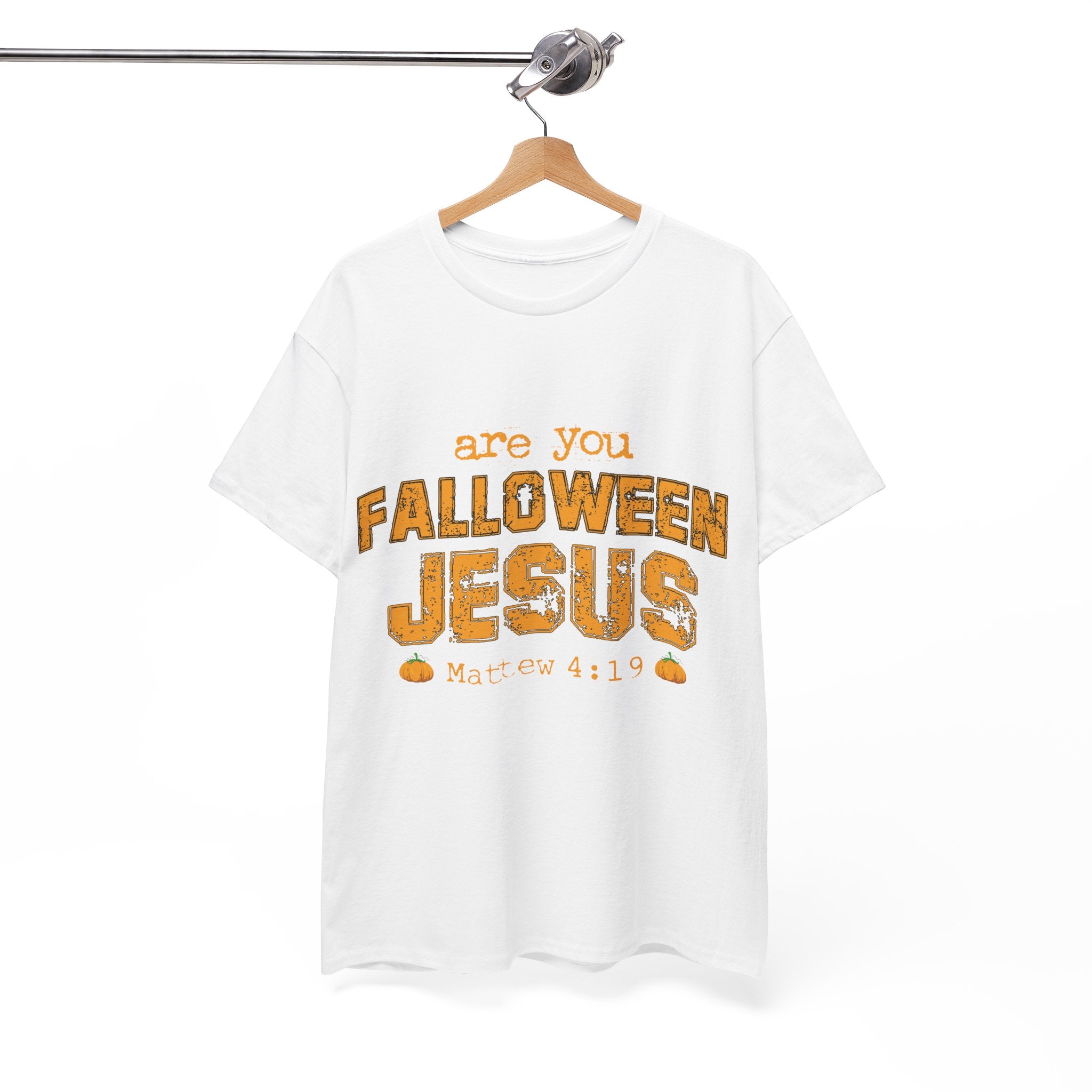 Christian Halloween T-Shirt — “Are You Falloween Jesus? Matthew 4:19” Distressed Pumpkin Design. Unisex Cotton Tee