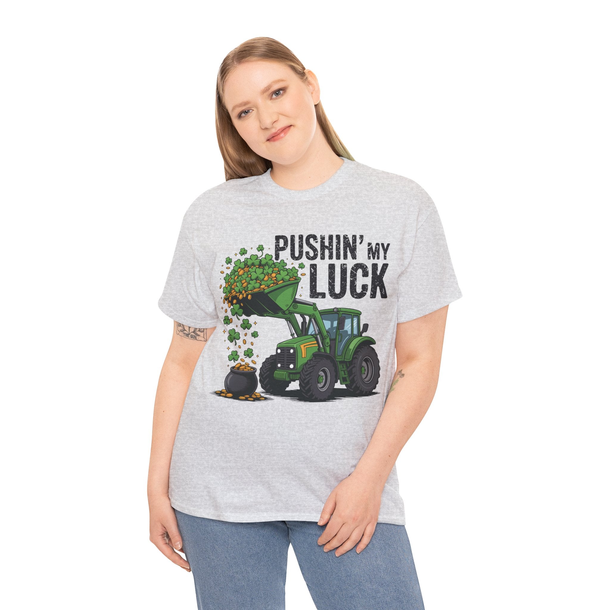 Pushin' My Luck Shamrock Tractor Tee — St. Patrick's Day Unisex Cotton T-Shirt