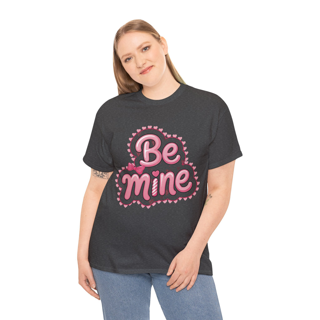 Be Mine Valentine T-Shirt — Pink Bubble Letters with Hearts & Bow..Unisex Cotton Tee