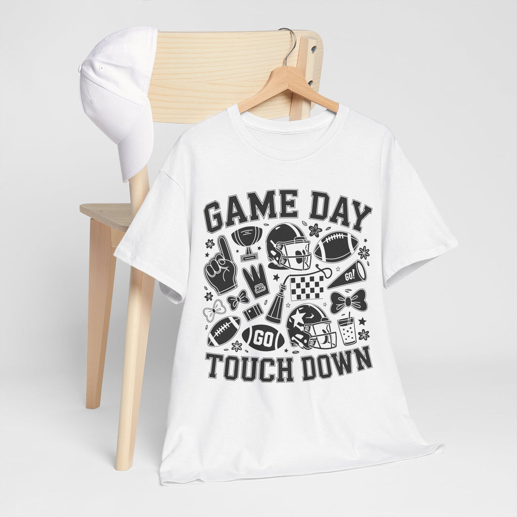 Game Day Touch Down Football T‑Shirt — Helmet & Cheer Monochrome Design Unisex Cotton Tee