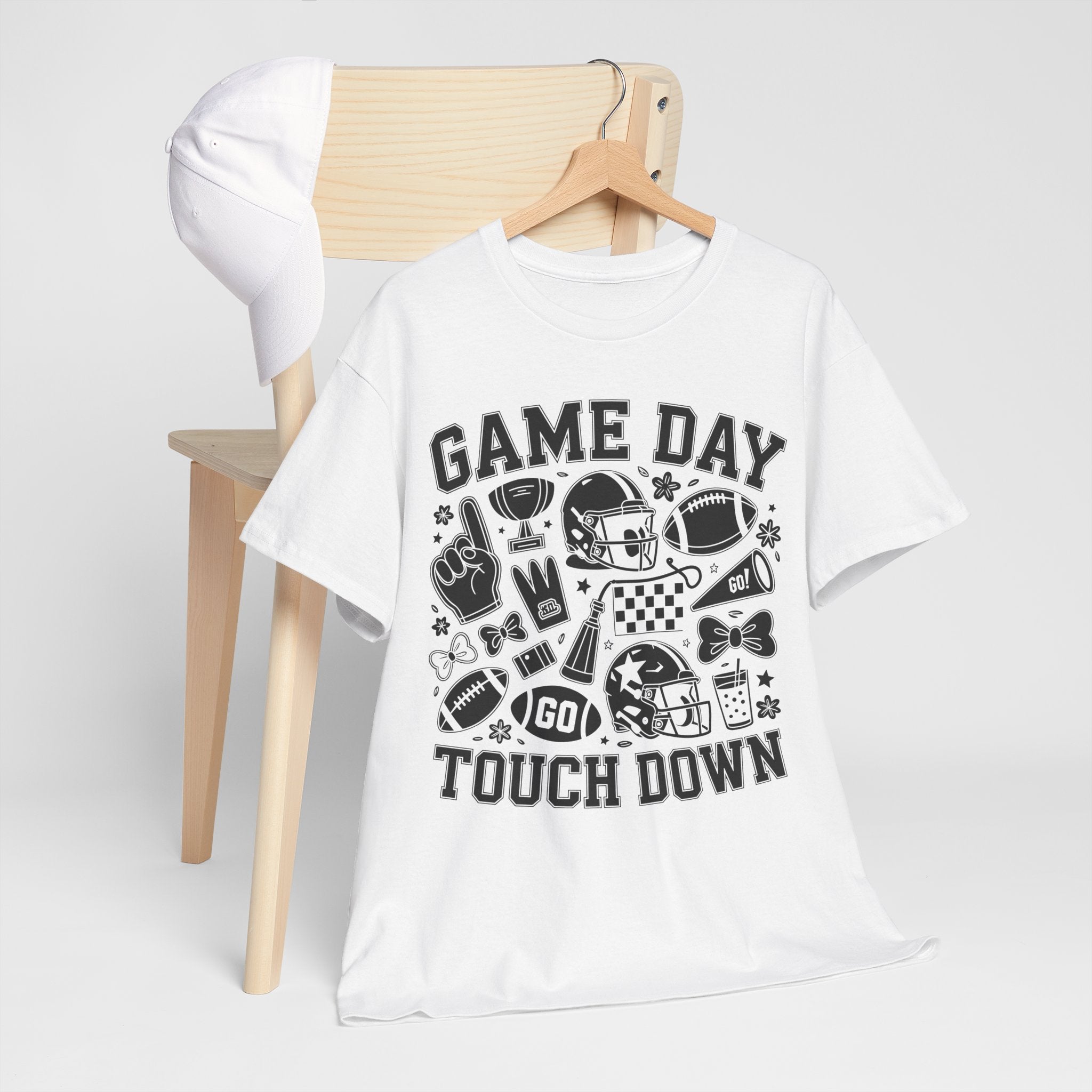 Game Day Touch Down Football T‑Shirt — Helmet & Cheer Monochrome Design Unisex Cotton Tee