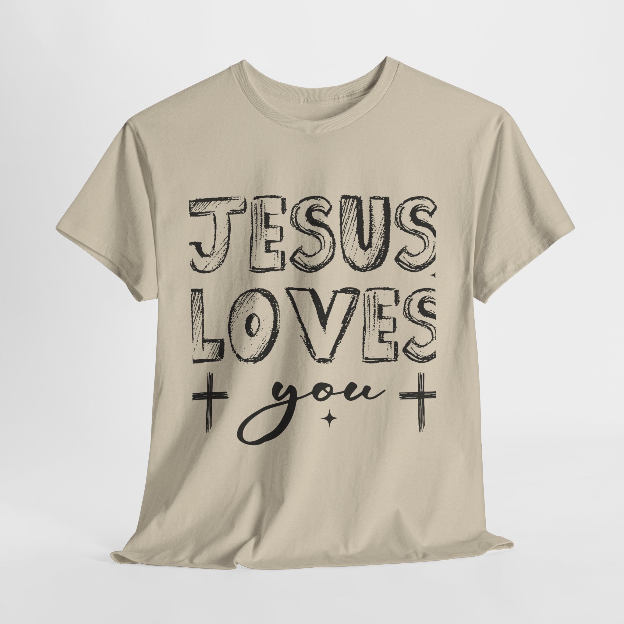 Jesus Loves You Chalk-Style Tee — Crosses & Stars Christian UNisex Cotton T-Shirt