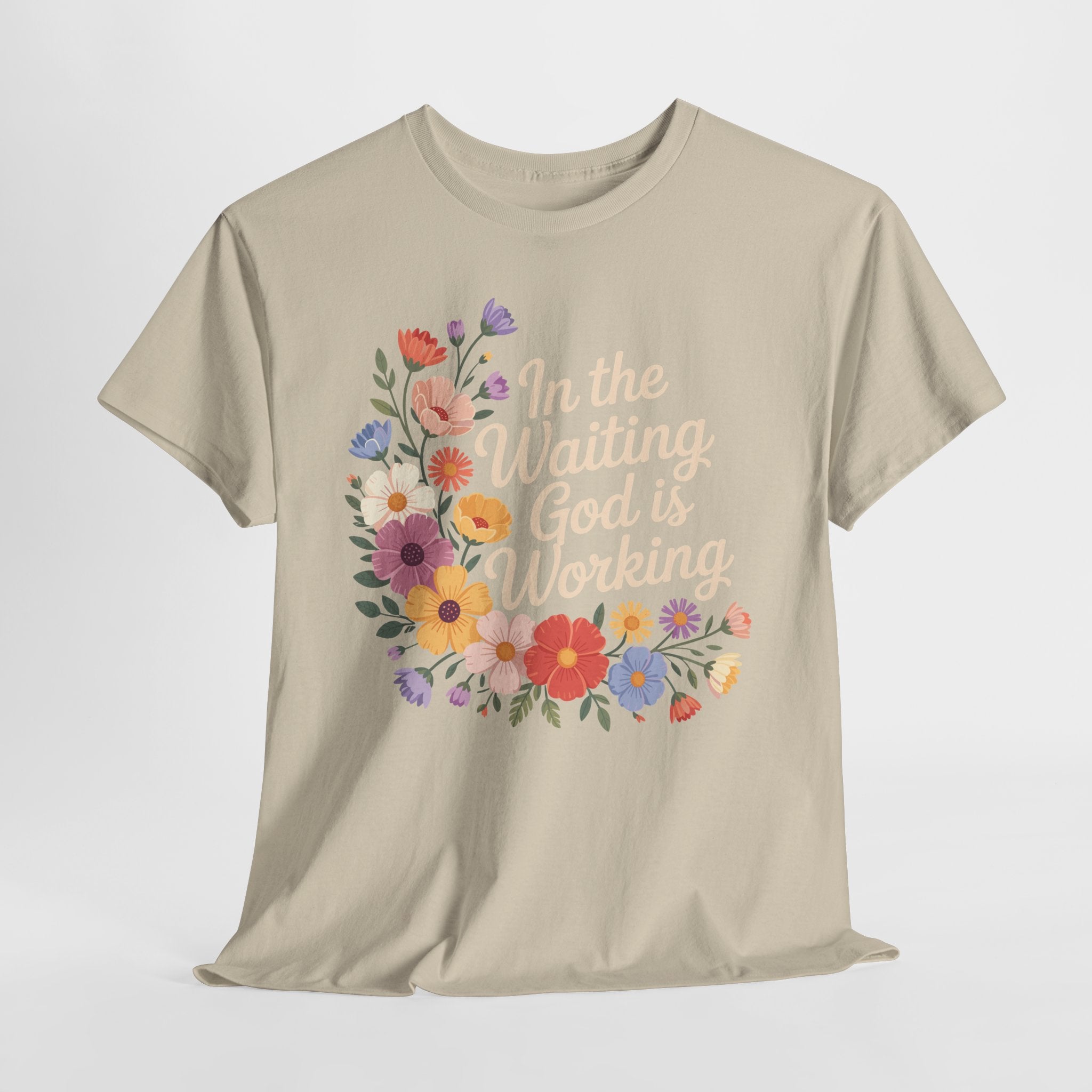 Pastel Floral “In the Waiting God Is Working” Unisex Cotton T-Shirt