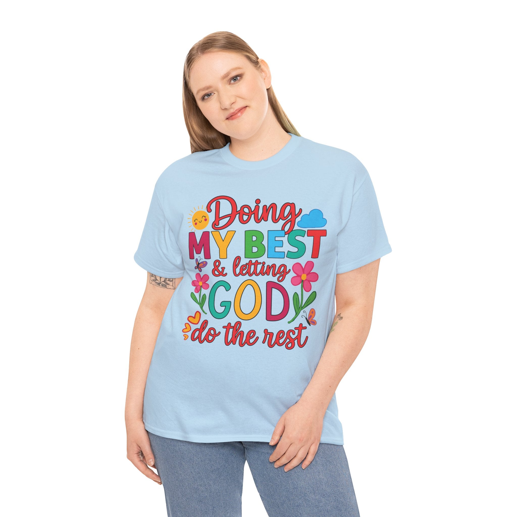 Doing My Best & Letting God Do The Rest T-Shirt — Floral Sun & Butterflies Inspirational Unisex Cotton Tee