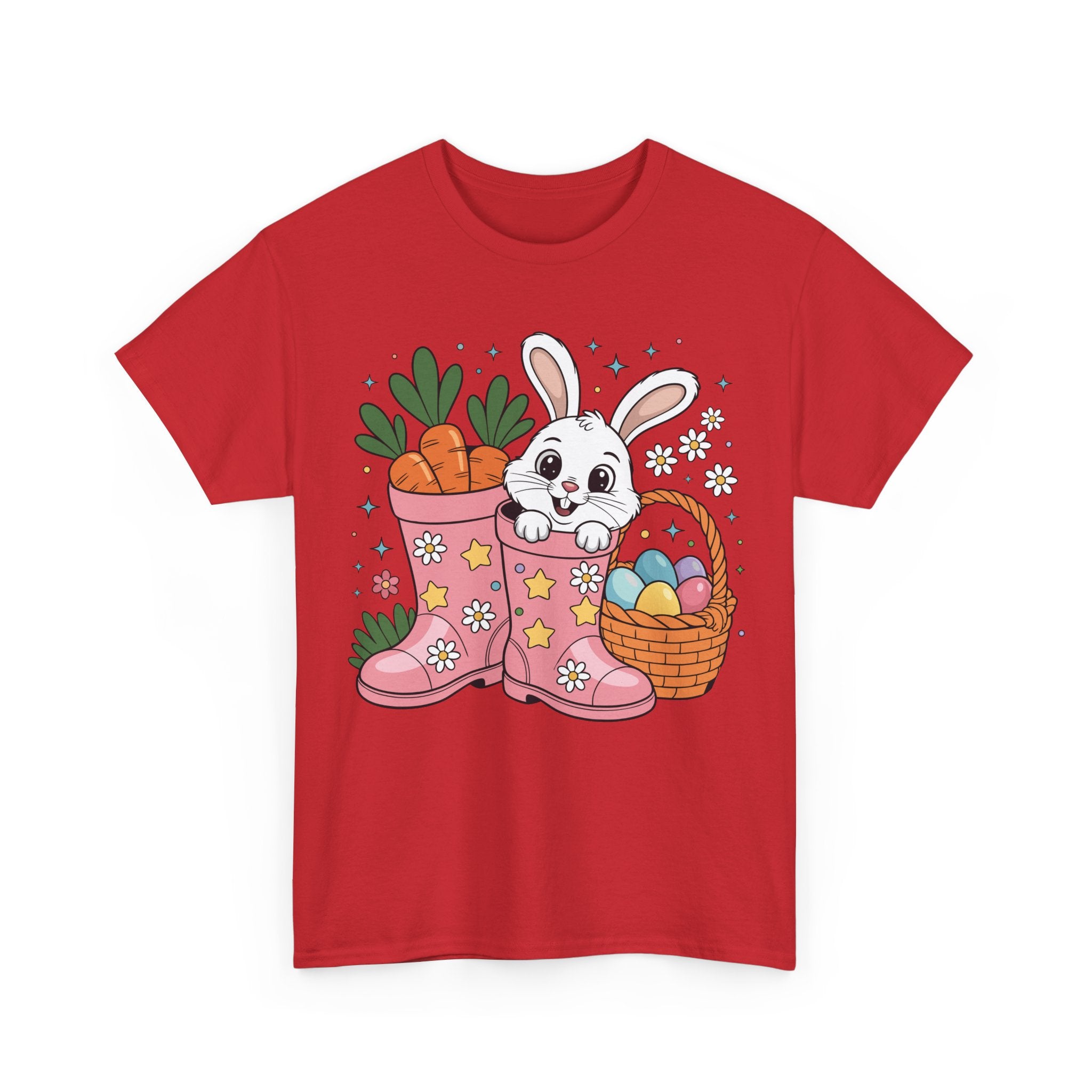 Easter Bunny in Pink Rain Boots T-Shirt — Cartoon Bunny, Carrots & Colorful Eggs Unisex Cotton Tee