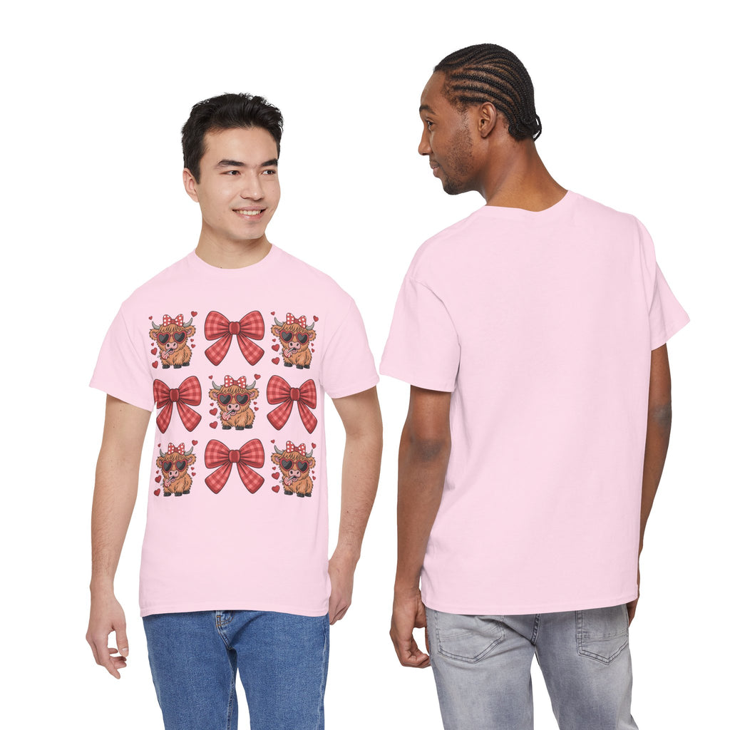 Valentine Cow Checkered Tee — Fluffy Cows with Heart Sunglasses & Red Bows..Unisex Cotton Tee