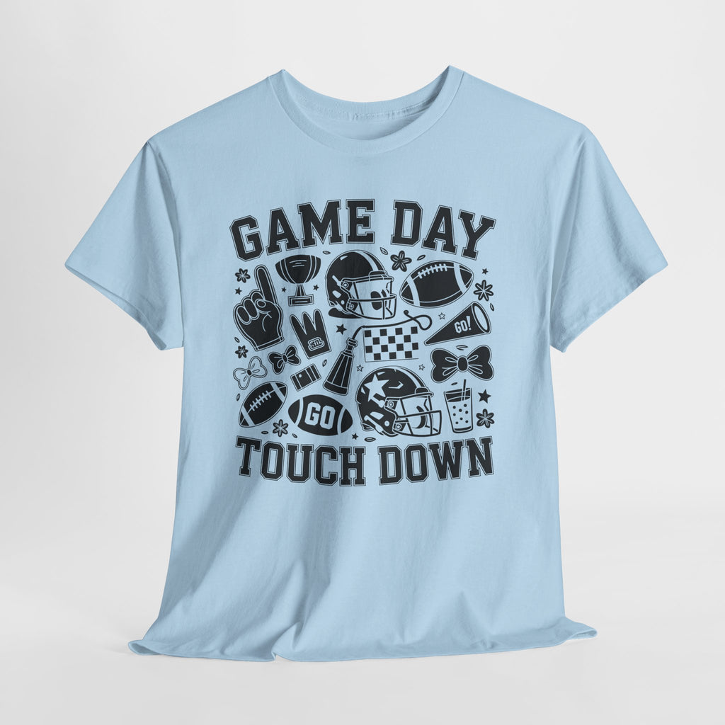 Game Day Touch Down Football T‑Shirt — Helmet & Cheer Monochrome Design Unisex Cotton Tee