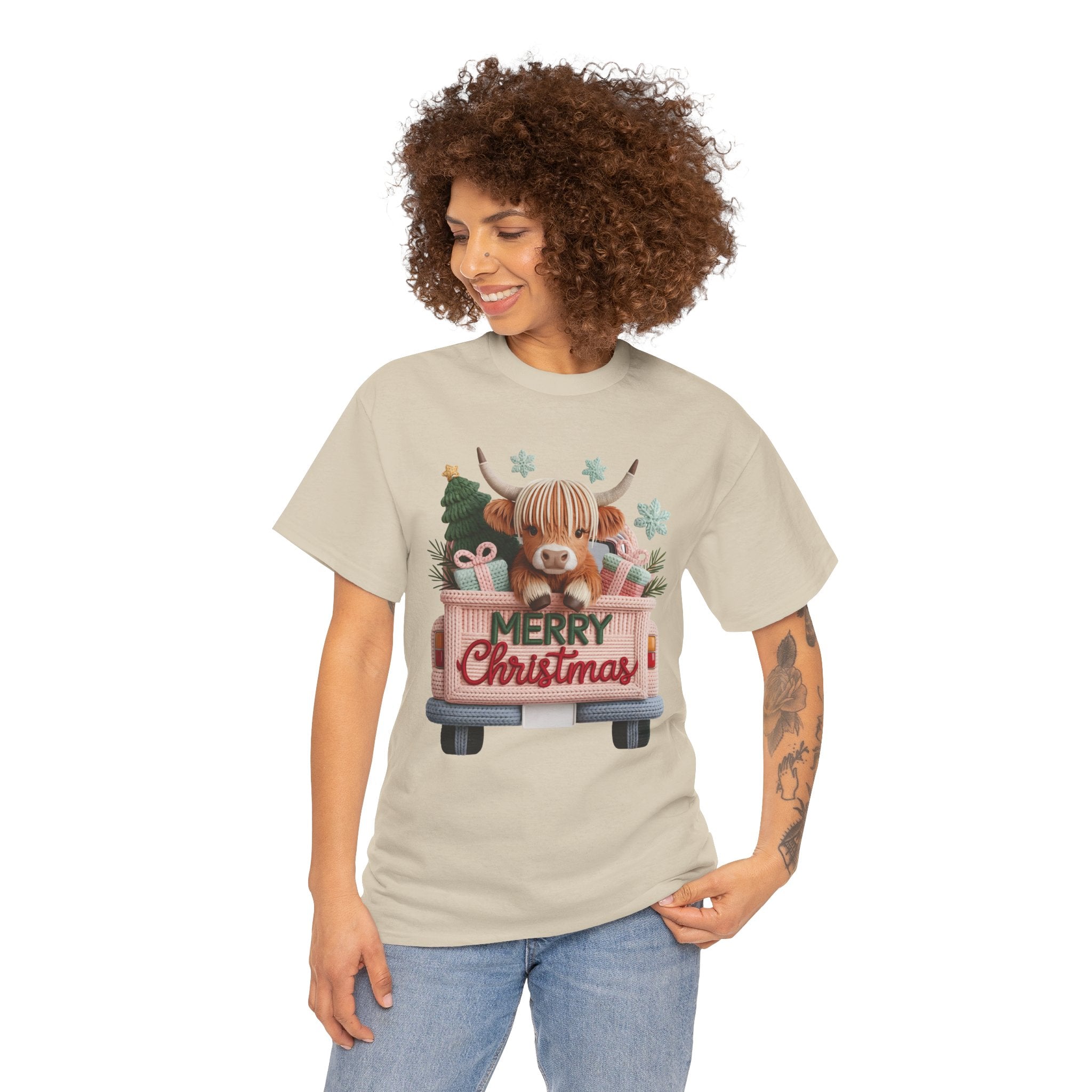 Merry Christmas Highland Cow Knit Truck Unisex Cotton T-Shirt