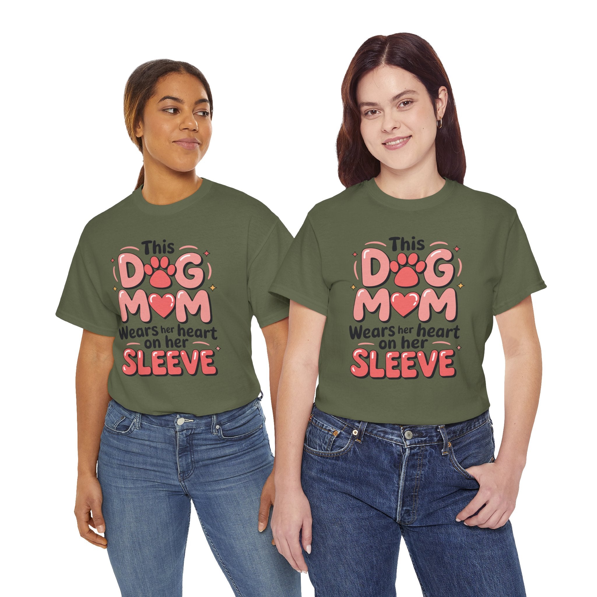 Dog Mom T-Shirt — "This Dog Mom Wears Her Heart on Her Sleeve" Paw & Heart Unisex Cotton Tee
