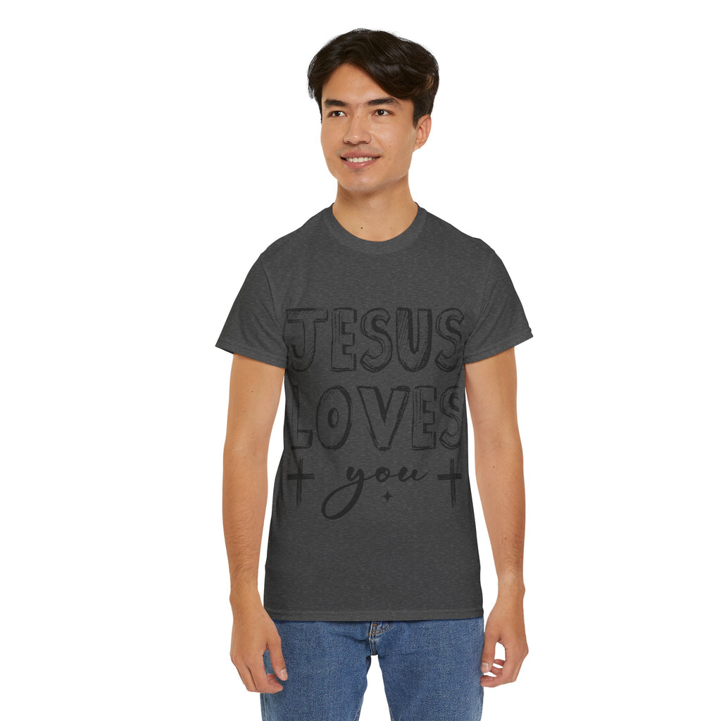 Jesus Loves You Chalk-Style Tee — Crosses & Stars Christian UNisex Cotton T-Shirt