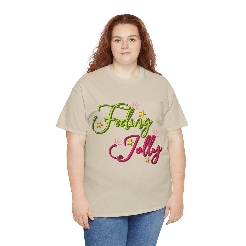 Feeling Jolly Tee — Festive Green & Pink Script with Yellow Stars Unisex Cotton Tee