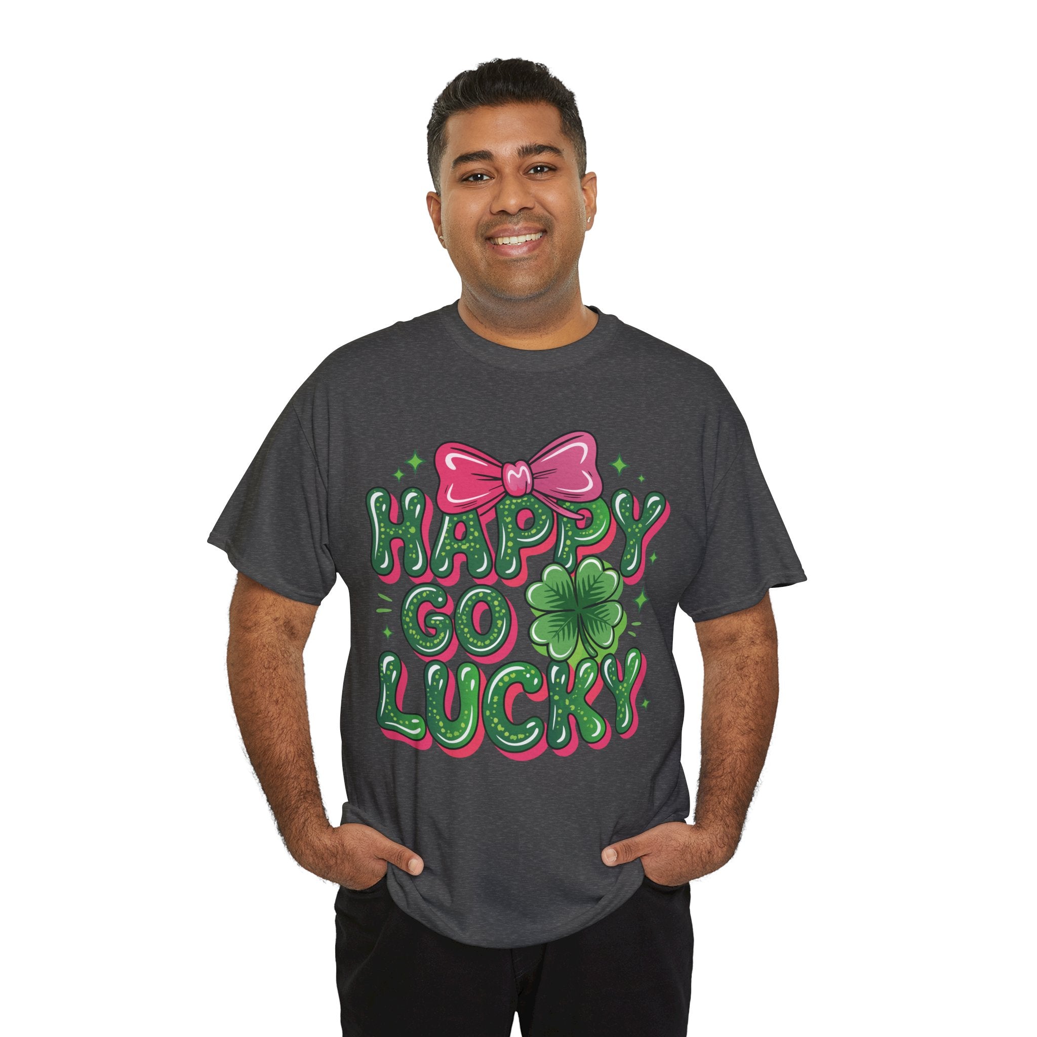 Happy Go Lucky Four-Leaf Clover Tee — Glossy Green Letters & Pink Bow Unisex Cotton Tee