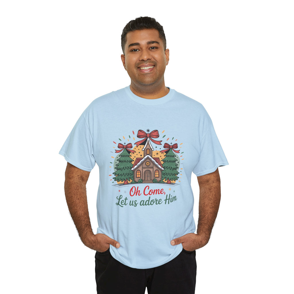 Oh Come Let Us Adore Him Christmas Tee — Church & Trees Holiday Unisex Cotton Tshirt