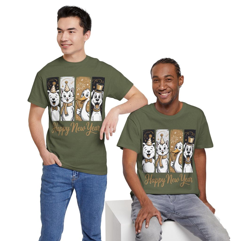 Happy New Year Party Animals T-Shirt — Cute Smiling Animals in Party Hats & Gold Fireworks..Unisex Cotton Tee