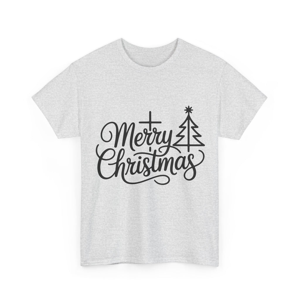 Merry Christmas Script T-Shirt with Cross & Tree(Unisex Cotton Tee)