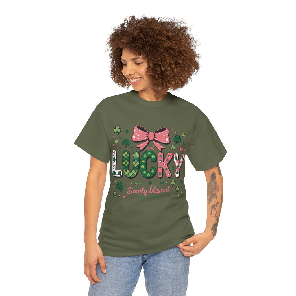 Simply Blessed Tee — “Not Lucky, Simply Blessed” with Pastel Bow, Clovers & Romans 4:7-8 Unisex Cotton Tee