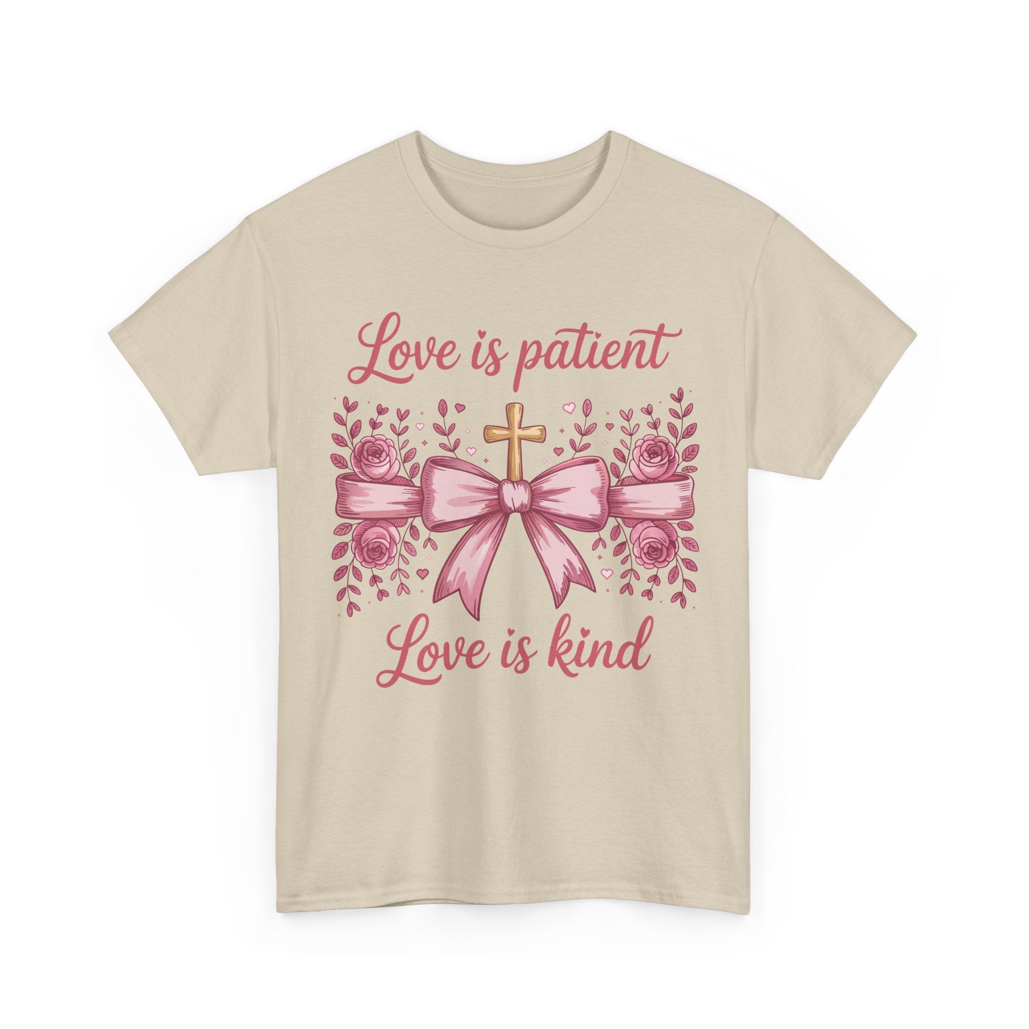 Christian Floral Tee — "Love is Patient, Love is Kind" Pink Rose Cross. Unisex Cotton Tee