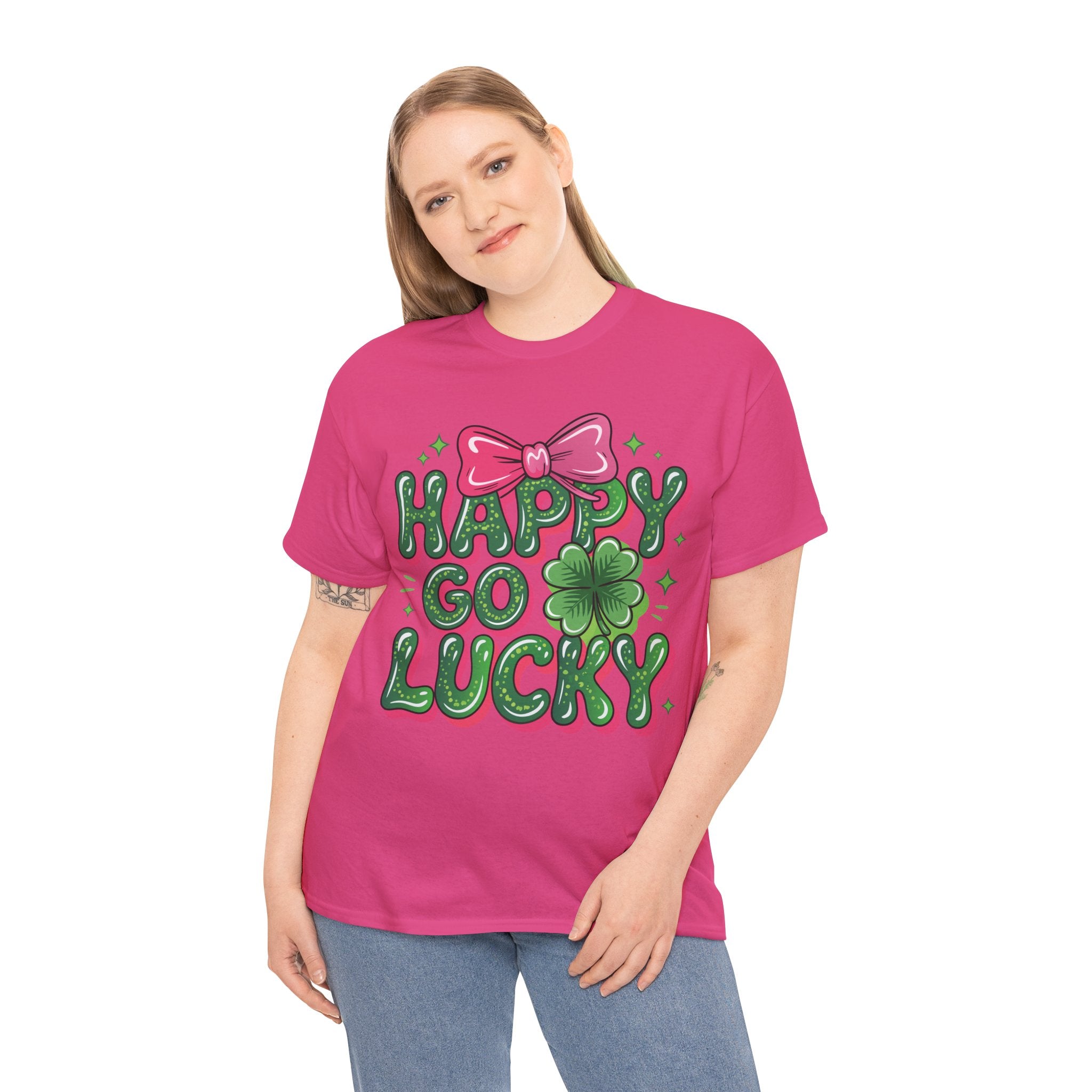 Happy Go Lucky Four-Leaf Clover Tee — Glossy Green Letters & Pink Bow Unisex Cotton Tee