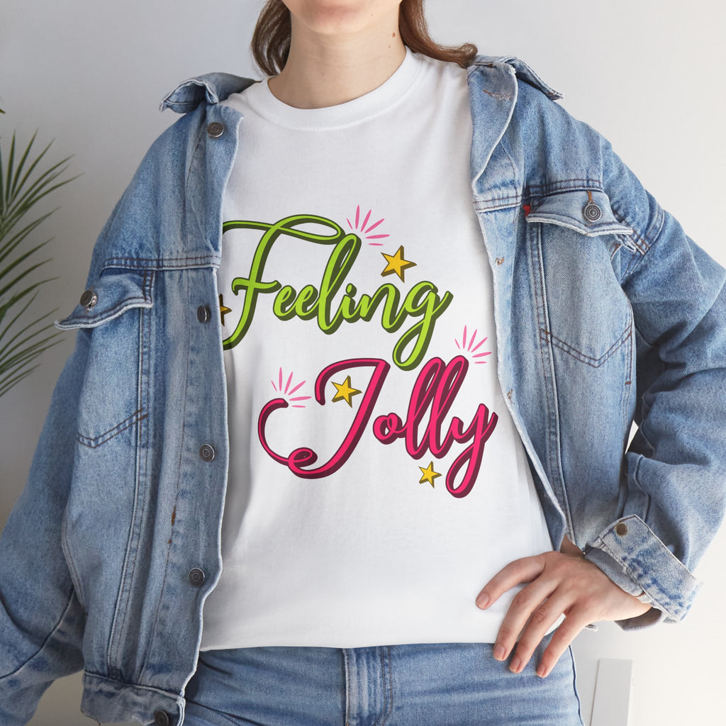Feeling Jolly Tee — Festive Green & Pink Script with Yellow Stars Unisex Cotton Tee