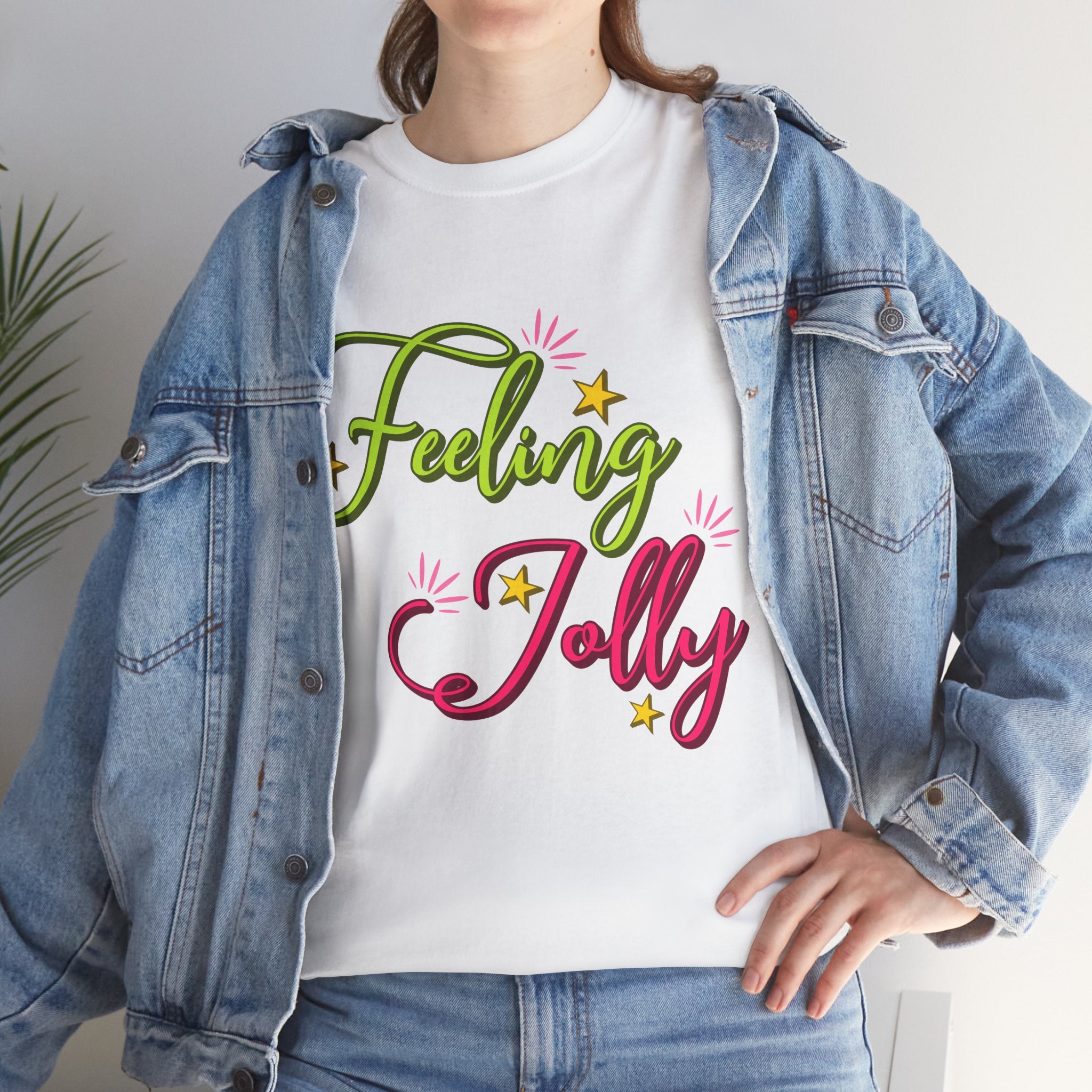 Feeling Jolly Tee — Festive Green & Pink Script with Yellow Stars Unisex Cotton Tee