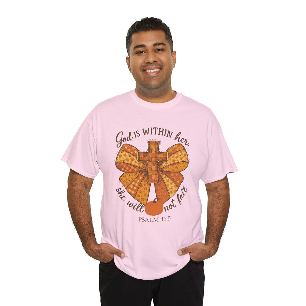 Psalm 46:5 Cross Patchwork Tee — Fall Bow Christian Unisex Cotton T-Shirt
