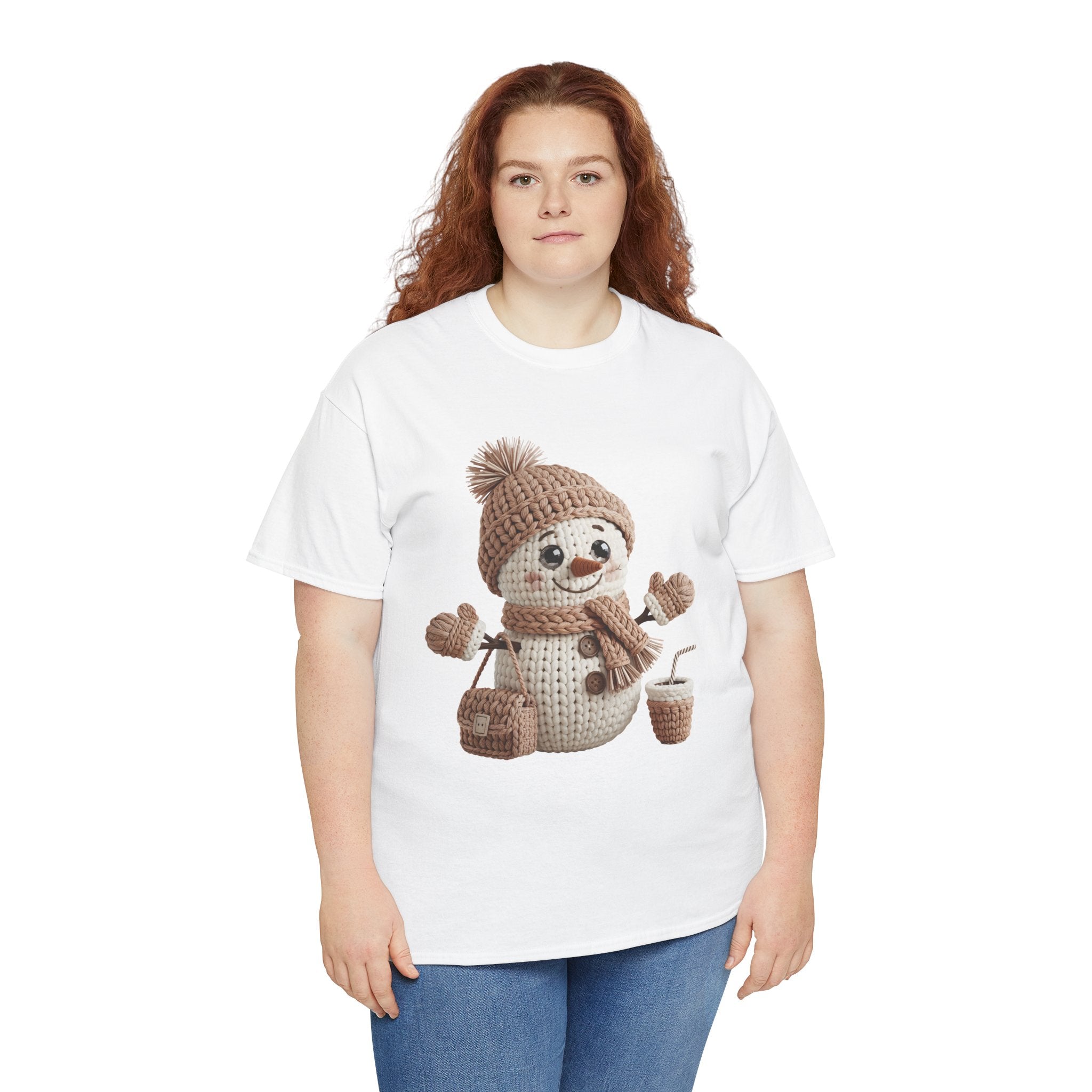 Snowman Knit‑Style Graphic Tee — Cute Faux‑Yarn Snowman with Hat, Scarf & Mittens.Unisex Cotton Tee